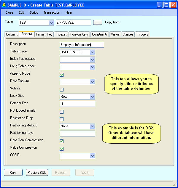 Create Table Parms